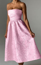 Jacquard Fabric Strapless Open Back Elegant Slim Midi Dress