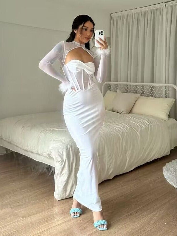 Mesh Mock Neck Cut Out Corset Bodice Faux Fur Cuff Bodycon Maxi Gown