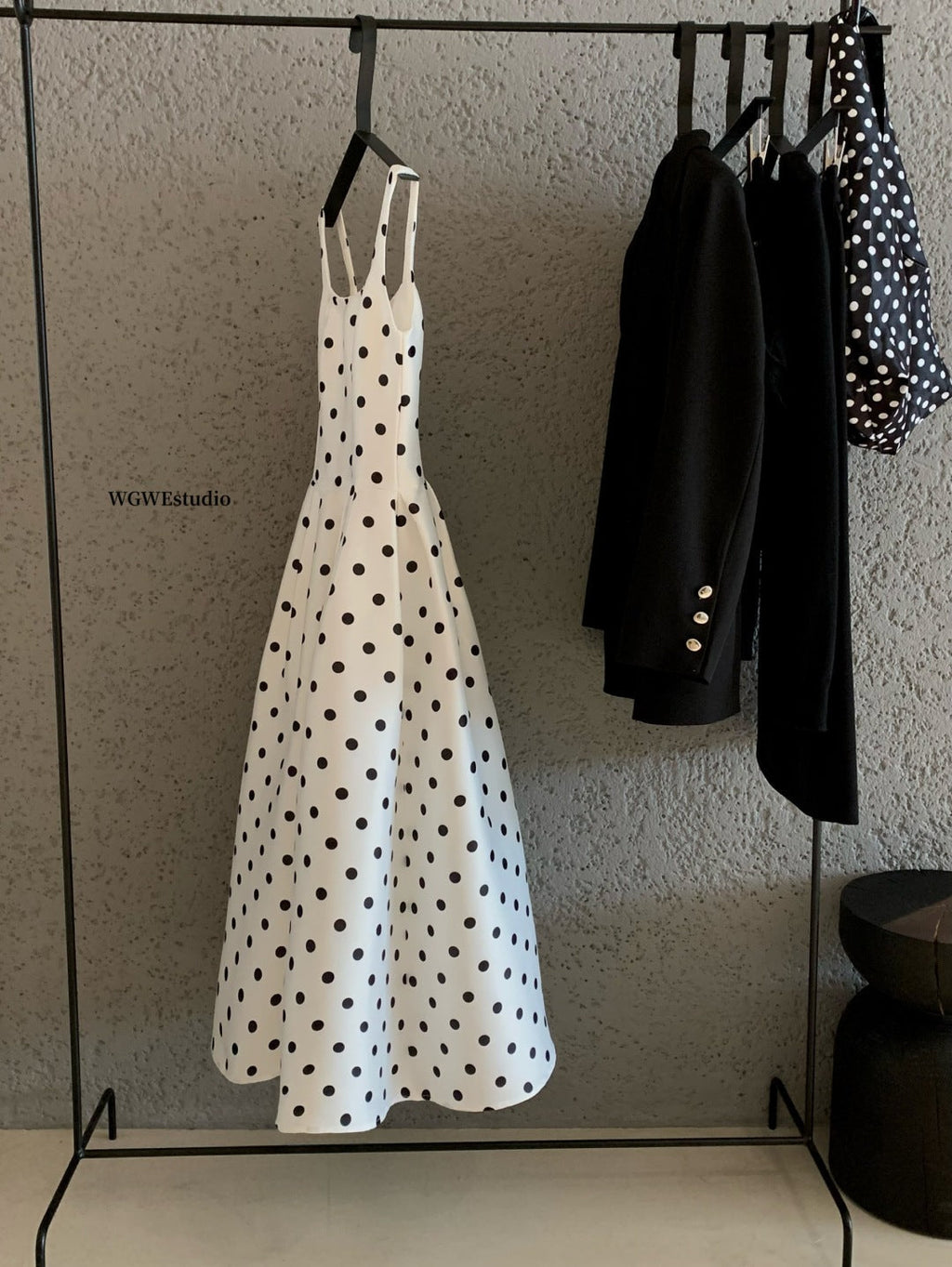 Square Neck Spaghetti Strap Lace Trim Polka Dot Fit and Flare Midi Dress