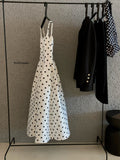 Square Neck Spaghetti Strap Lace Trim Polka Dot Fit and Flare Midi Dress