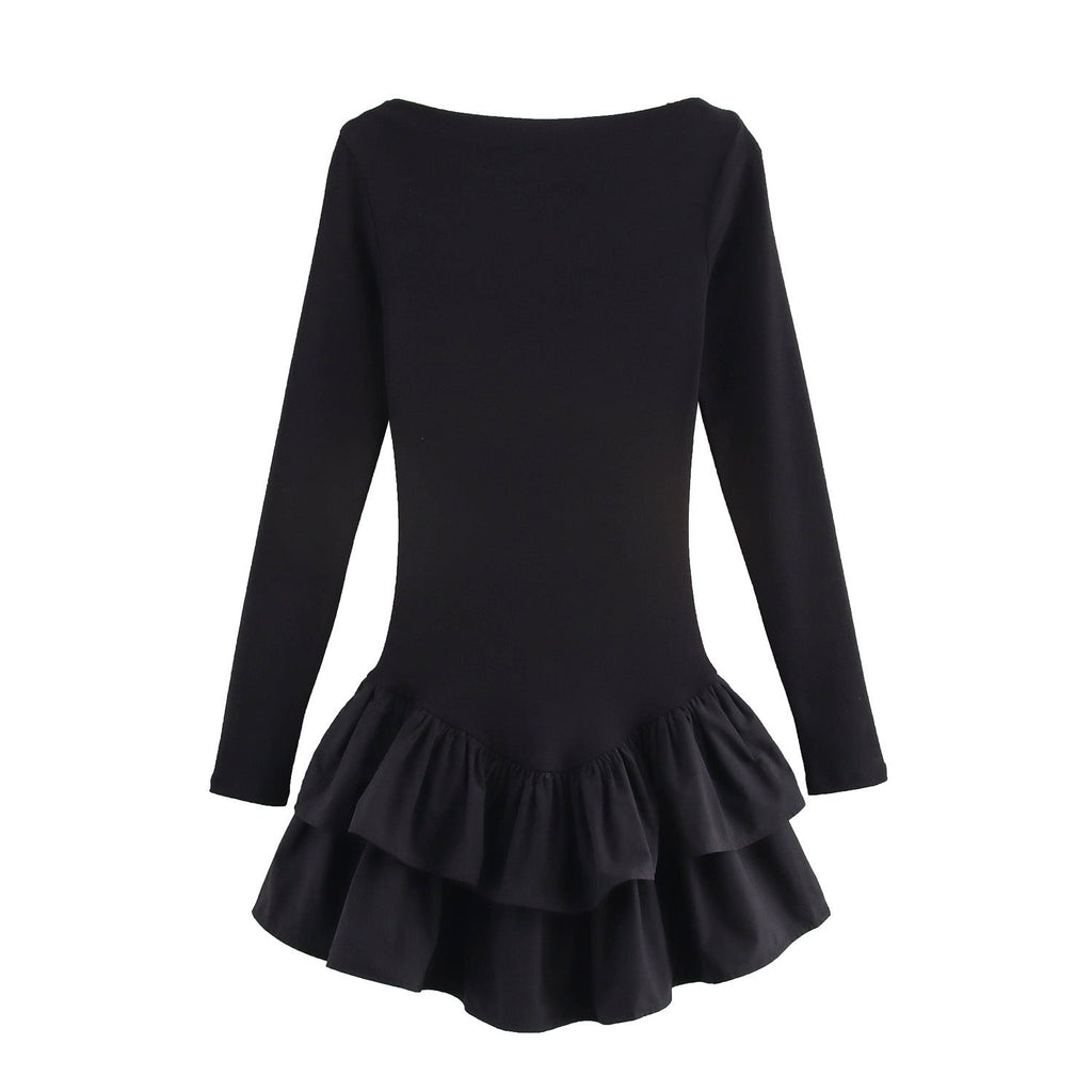 Rib Knit Bell Cuff Ruffle Hem Long Sleeve Mini Dress