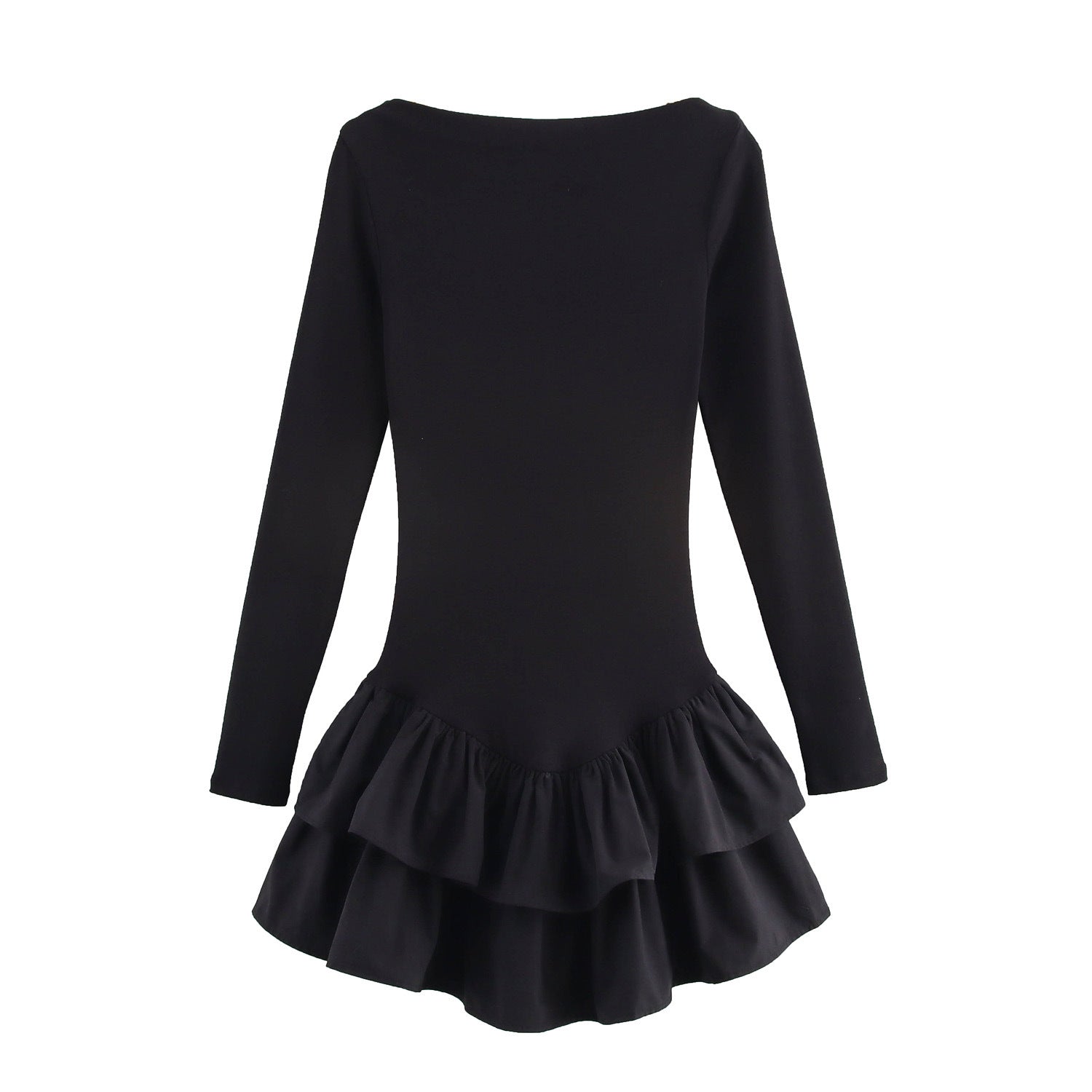 Rib Knit Bell Cuff Ruffle Hem Long Sleeve Mini Dress