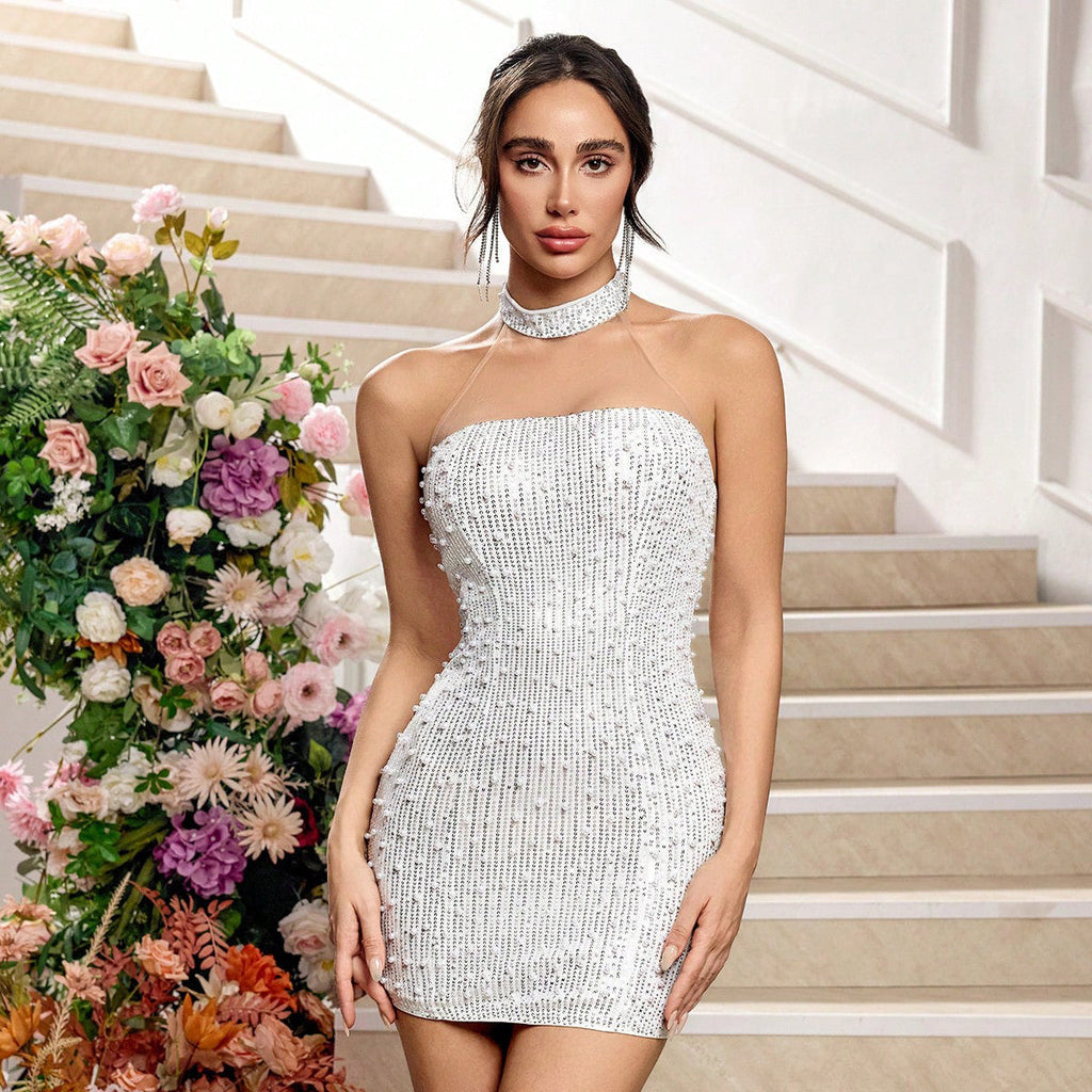 Sequin Pearl Embellished Choker Neck Illusion Strap Bodycon Mini Dress