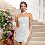 Sequin Pearl Embellished Choker Neck Illusion Strap Bodycon Mini Dress