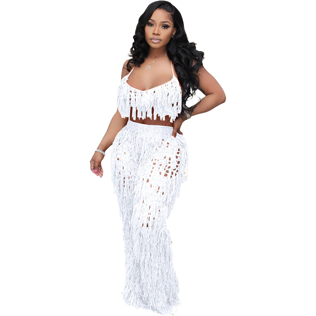 Sexy See through Crochet Tassel Beach Suit