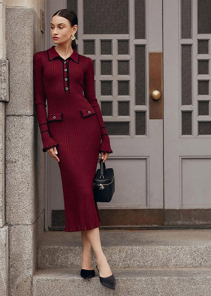 Rib Knit Polo Collar Button Front Contrast Trim Ruffle Cuff Mock Pocket Midi Dress