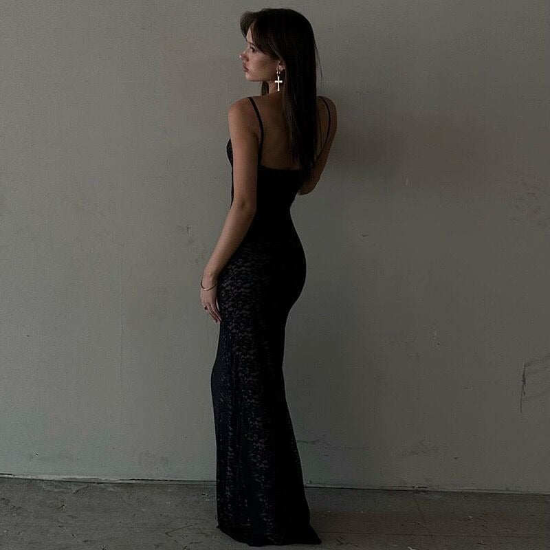 Deep V-Neck Floral Lace Spaghetti Strap Column Maxi Dress