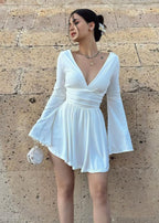 Deep V-Neck Bell Sleeve Ruched Waist Wrap Mini Dress