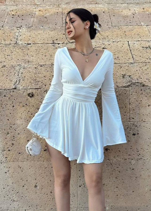 Deep V-Neck Bell Sleeve Ruched Waist Wrap Mini Dress