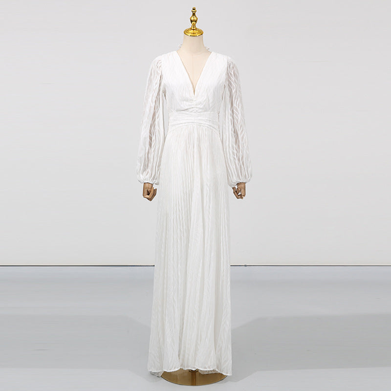 Deep V-Neck Puff Sleeve Pleated Waist Plissé Maxi Dress
