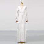 Deep V-Neck Puff Sleeve Pleated Waist Plissé Maxi Dress
