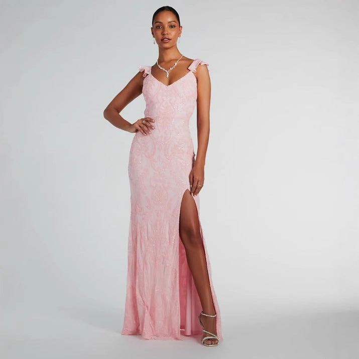 Sequin Beaded Floral Flutter Strap Deep V-Neck High Slit Maxi Gown