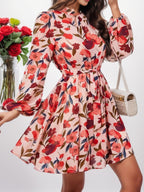 Nerea Timeless Women's Floral Print Dress with Waist Belt and Long Sleeves Evening Wear Edit