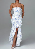Strapless Floral Print Cascading Ruffle High Low Slit Maxi Dress