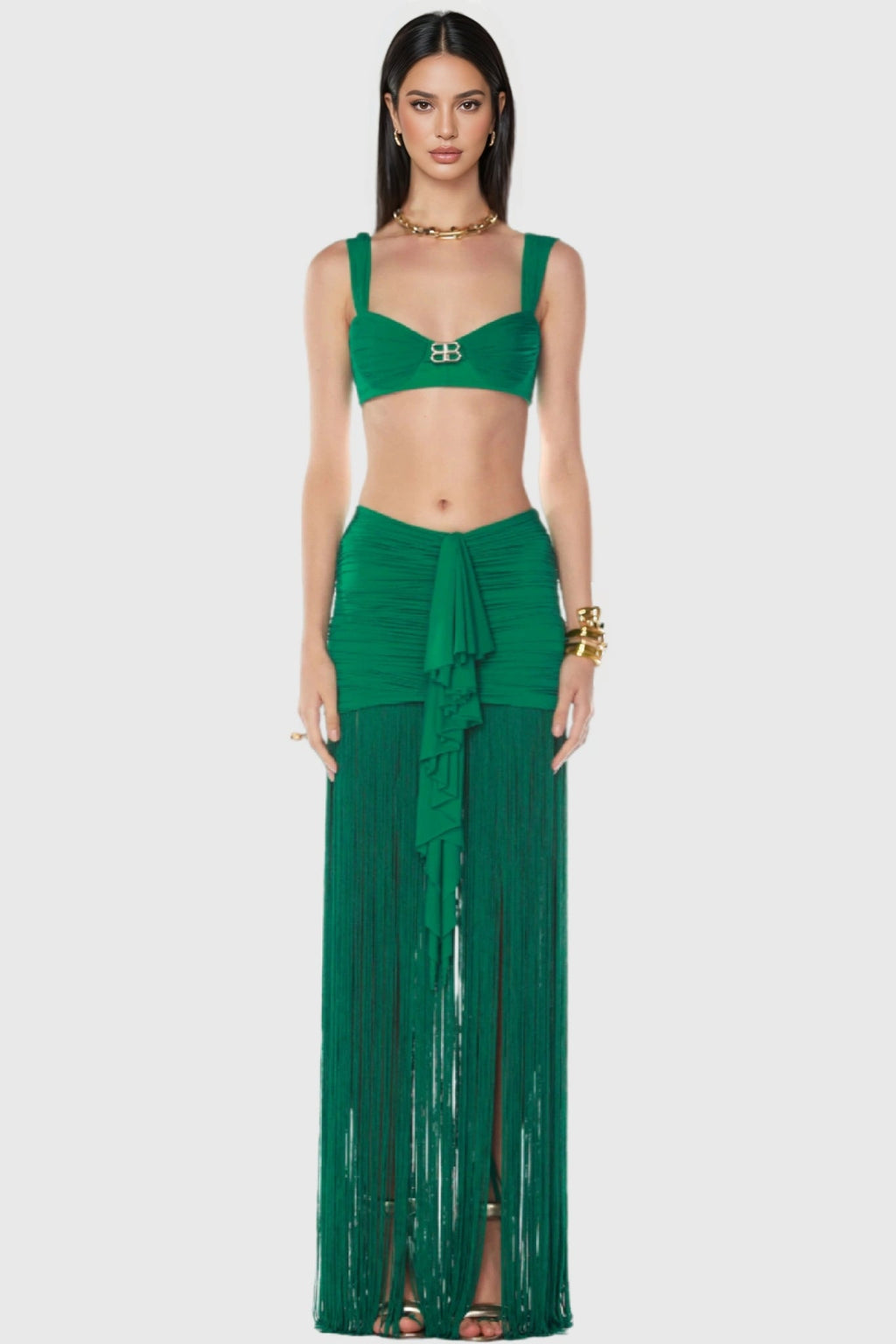 Darcy High-Waisted Strappy Fringed Maxi Dress