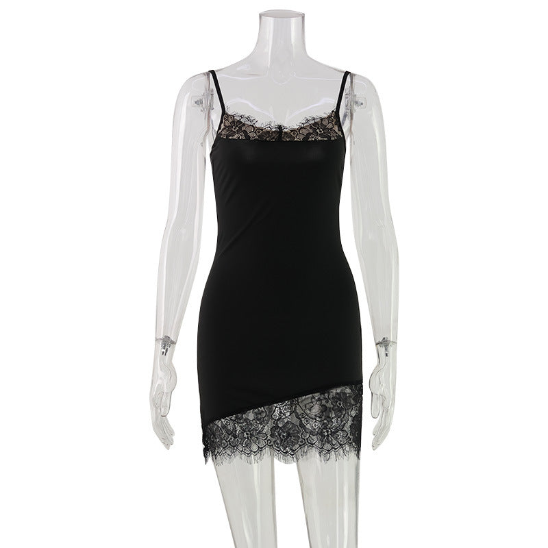 Lace Trim Spaghetti Strap Scalloped Hem Bodycon Slip Mini Dress
