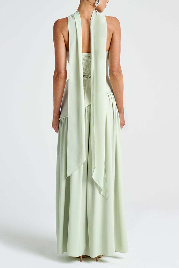 Elegant Off Shopulder Chiffon Pleated Hem Scarf Slit Maxi Dress