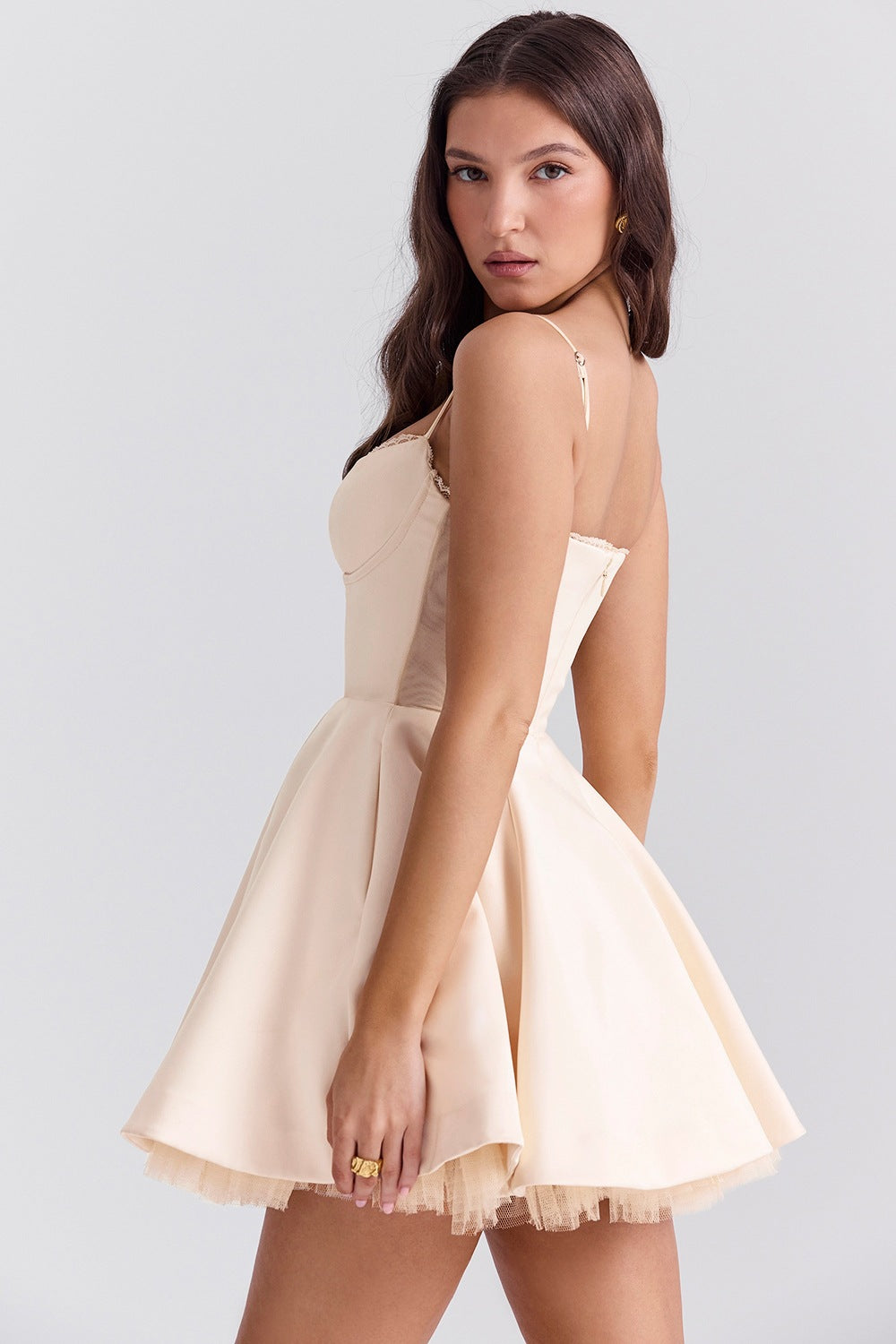 Satin Sweetheart Lace Trim Tulle Mini Dress
