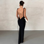 Spaghetti Strap Floor Length Tie Strap Backless Ruched Maxi Gown