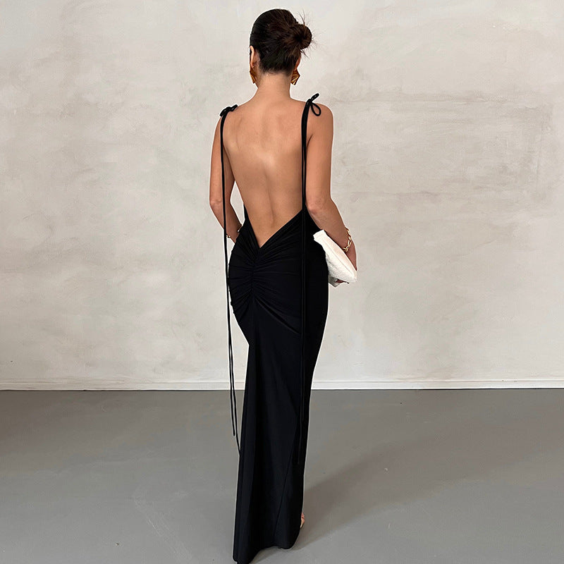 Spaghetti Strap Floor Length Tie Strap Backless Ruched Maxi Gown