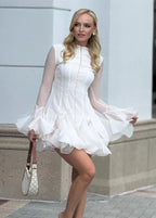 Crew Neck Button Front Sheer Sleeve Tiered Ruffle Mini Dress
