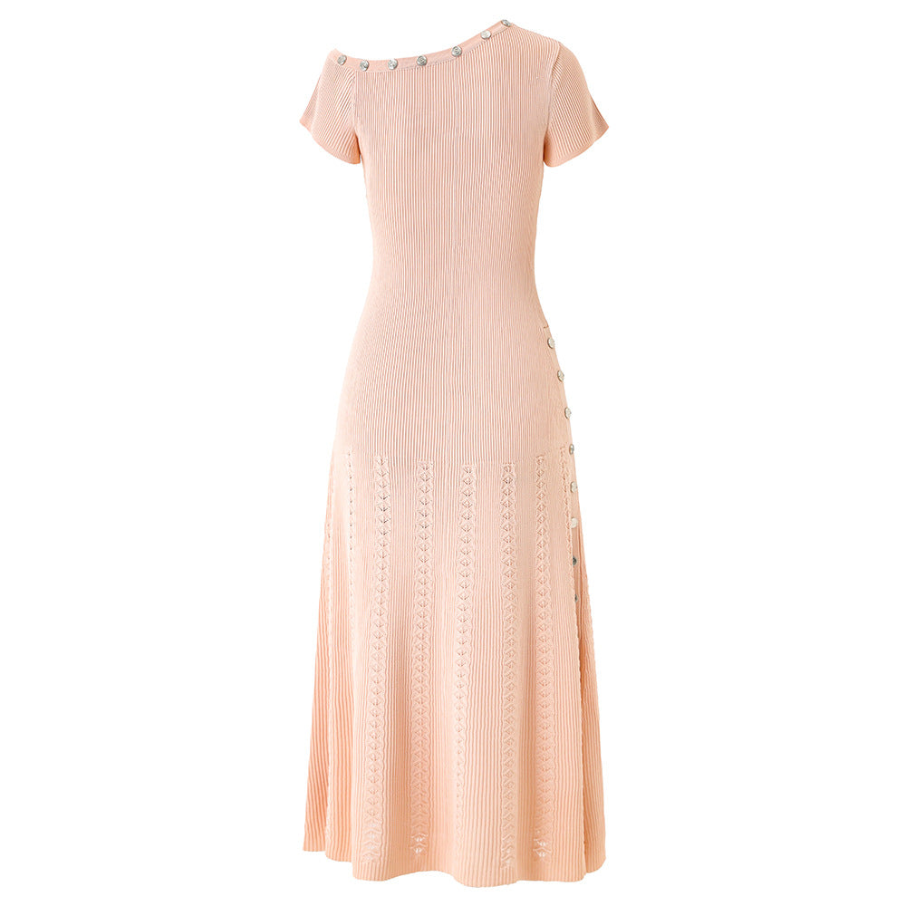 One-Shoulder Button Detail Rib Knit Pointelle Side Slit Maxi Dress