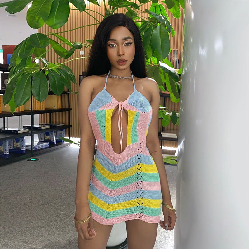 Knit Halter Neck Tie Front Cut Out Mini Dress
