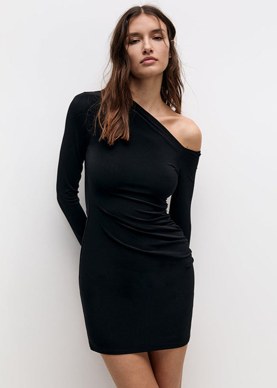 One Shoulder Long Sleeve Ruched Bodycon Mini Dress