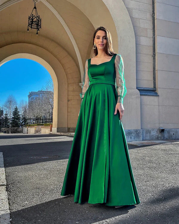 Square Neck Sheer Organza Puff Sleeve Satin Pleated Ball Gown Maxi Dress