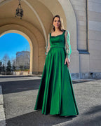 Square Neck Sheer Organza Puff Sleeve Satin Pleated Ball Gown Maxi Dress