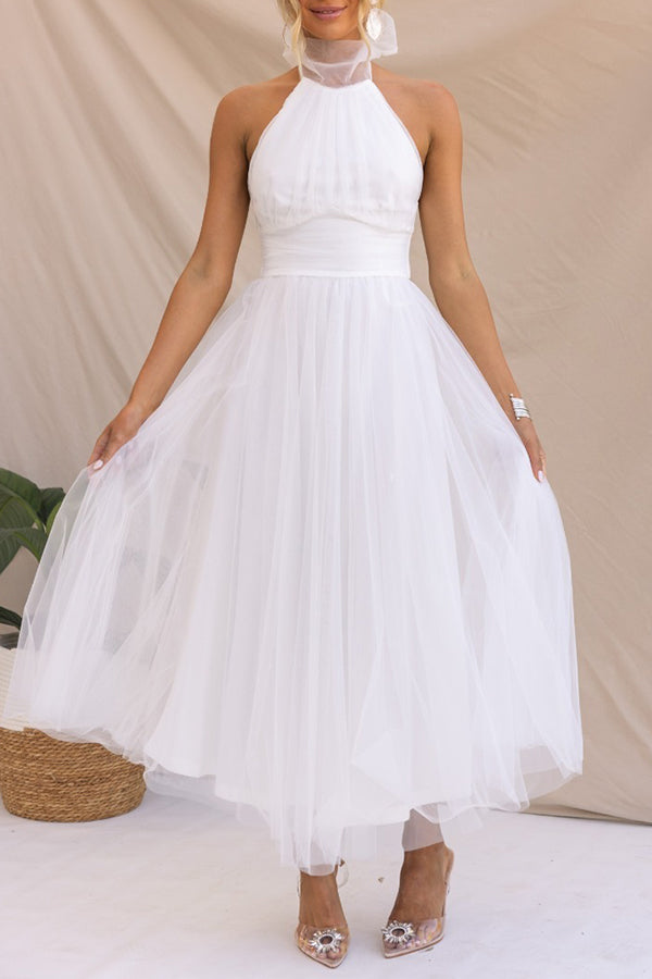 Fairy Vibes Tulle Gathered Detail Halter Maxi Dress