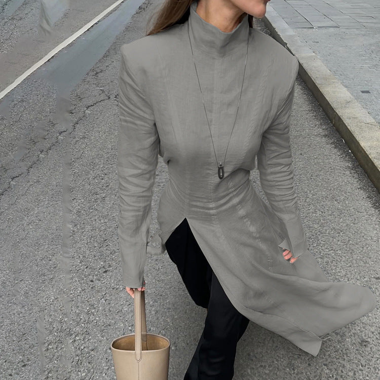 Stand Collar Long Sleeve Front Slit Structured Maxi Dress