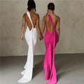 One Shoulder Asymmetric Strap Metal Ring Open Back Ruched Train Maxi Dress