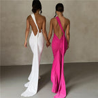 One Shoulder Asymmetric Strap Metal Ring Open Back Ruched Train Maxi Dress