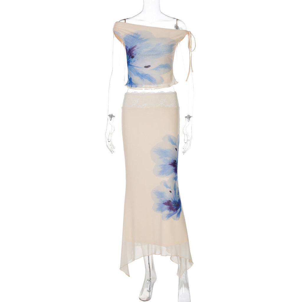 Women Clothing Summer Printed Diagonal Collar Lace up Top Slim Wave Edge Skirt Set