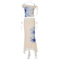 Women Clothing Summer Printed Diagonal Collar Lace up Top Slim Wave Edge Skirt Set