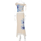 Women Clothing Summer Printed Diagonal Collar Lace up Top Slim Wave Edge Skirt Set