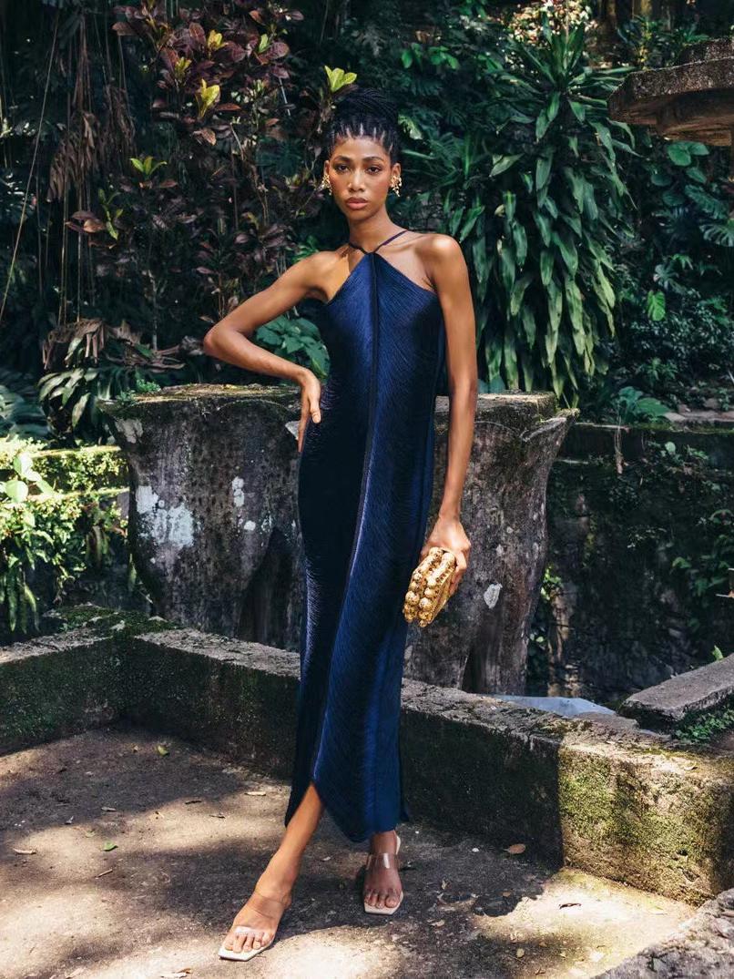Halter Neck Fringe Texture Layered Hem Maxi Dress