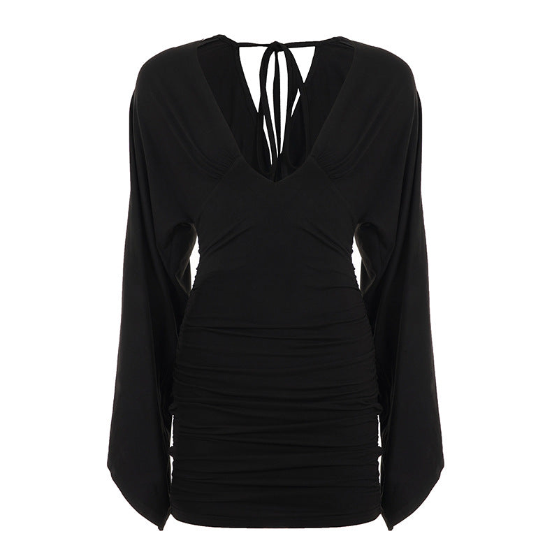 Deep V-Neck Long Bell Sleeve Ruched Bodycon Mini Dress