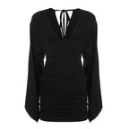 Deep V-Neck Long Bell Sleeve Ruched Bodycon Mini Dress
