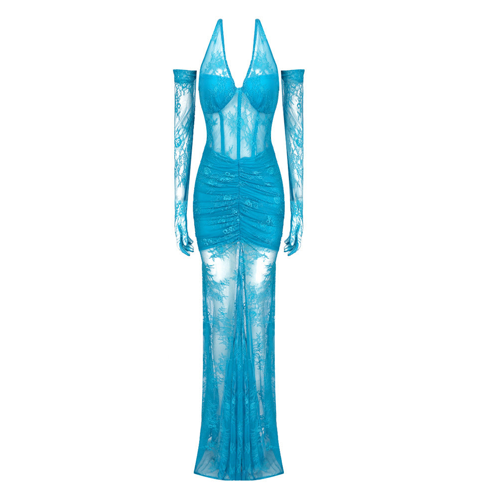 Lace Corset Mesh Halter Deep V-Neck Ruched Mermaid Maxi Gown