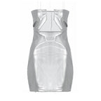 Faux Leather Metallic Strapless Geometric Cut Out Ruched Bodycon Mini Dress