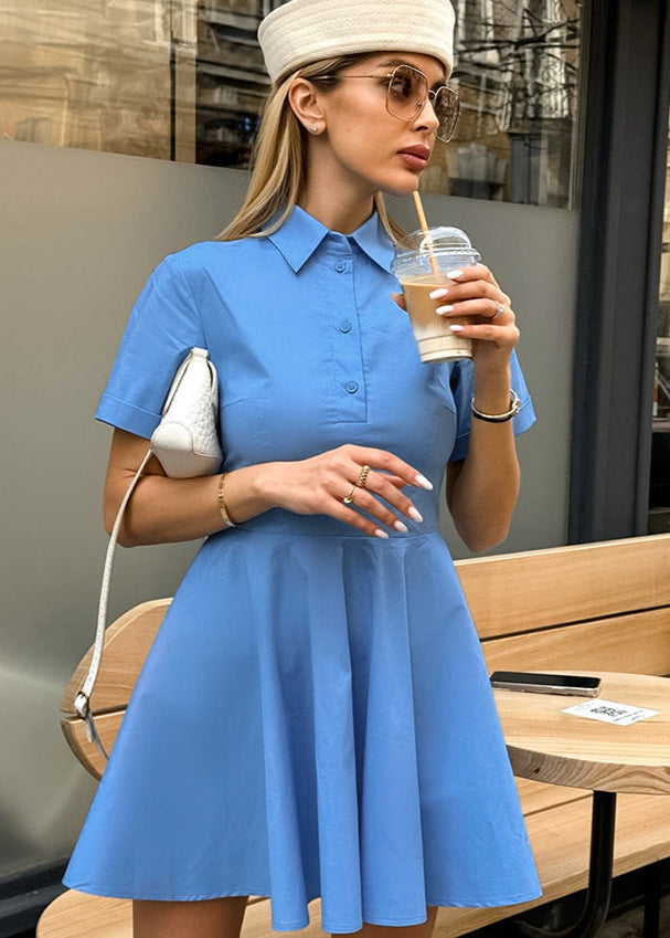 Short Sleeve Collar Button Front Pleated Fit and Flare Mini Dress