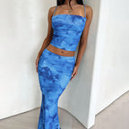 Women Clothing Spring Sexy Print Bandeau Sling Top Sexy Skirt Set