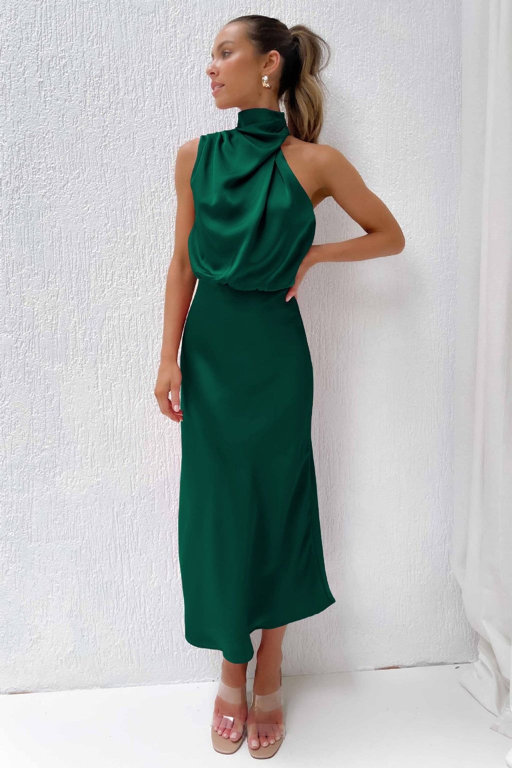 Halter Cowl Neck Sleeveless Satin Bias Cut Midi Dress