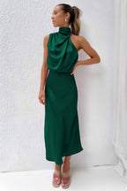 Halter Cowl Neck Sleeveless Satin Bias Cut Midi Dress