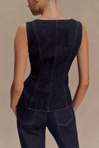 Stassi Denim Square Neck Unique Button Up Princess Seams Vest Top