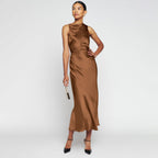 Cowl Neck Satin Bias Cut Sleeveless Column Maxi Dress