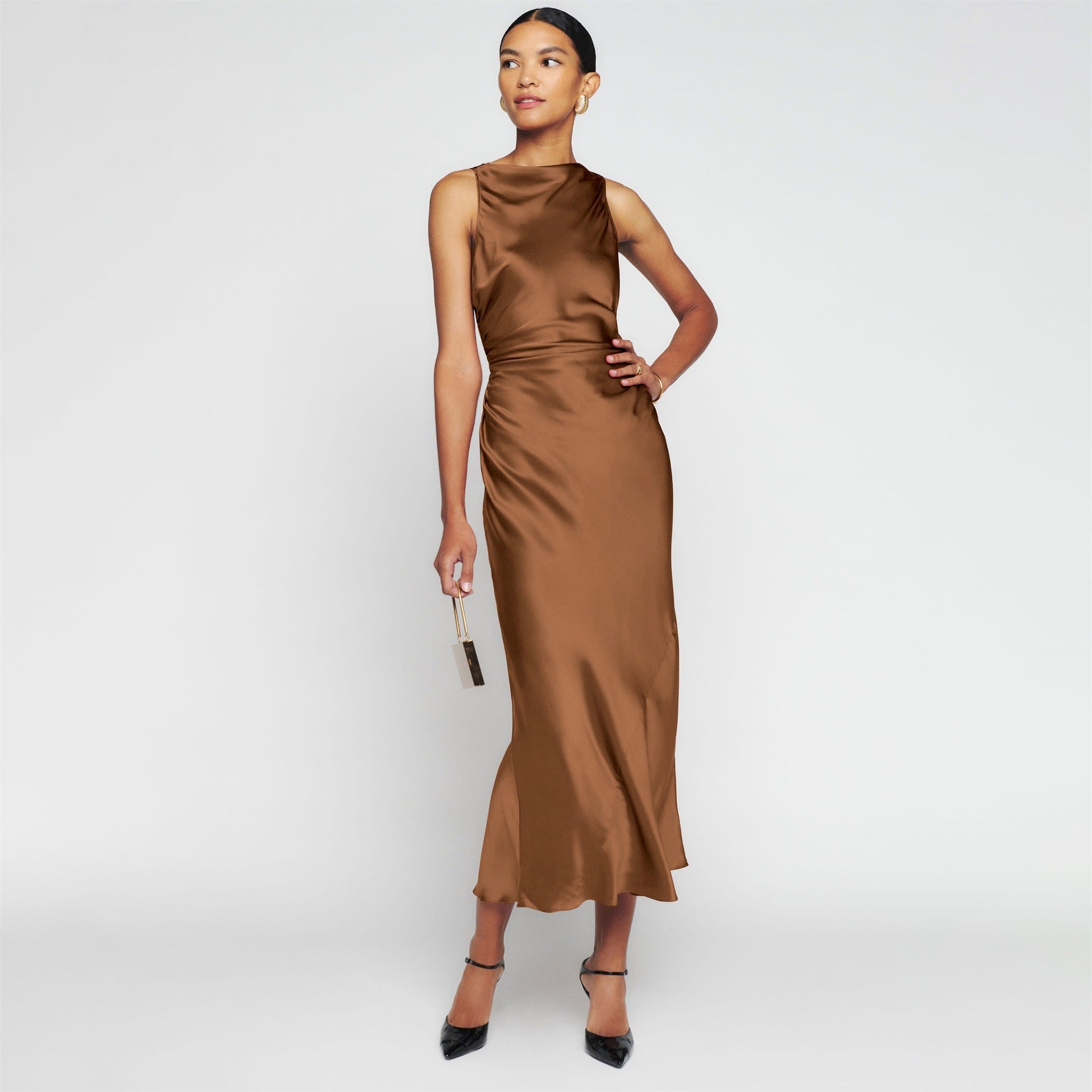 Cowl Neck Satin Bias Cut Sleeveless Column Maxi Dress