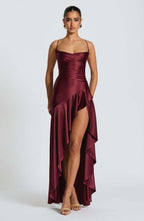 Satin Ruched Bodice Cascade Ruffle High Split Maxi Gown